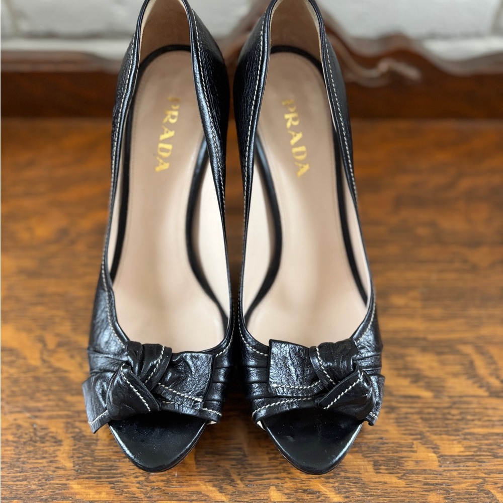 Prada Black Leather Peep-Toe Heels - image 2